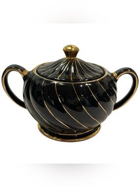 Vintage 1930s Sadler England Black and Gold Swirl Sugar Bowl - Art Deco 1745